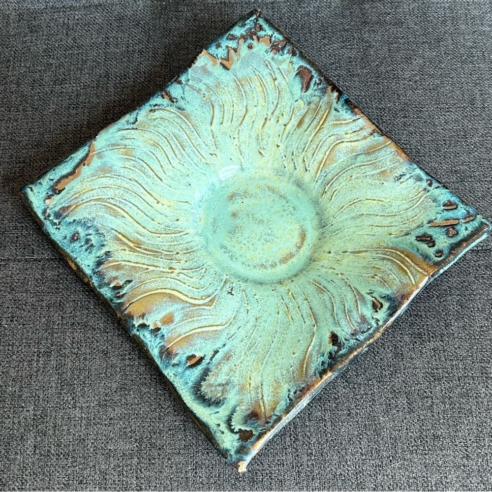Handmade Abstract Candle Holder Trinket Dish Decor Art Deco Aqua Brown - Picture 3 of 8